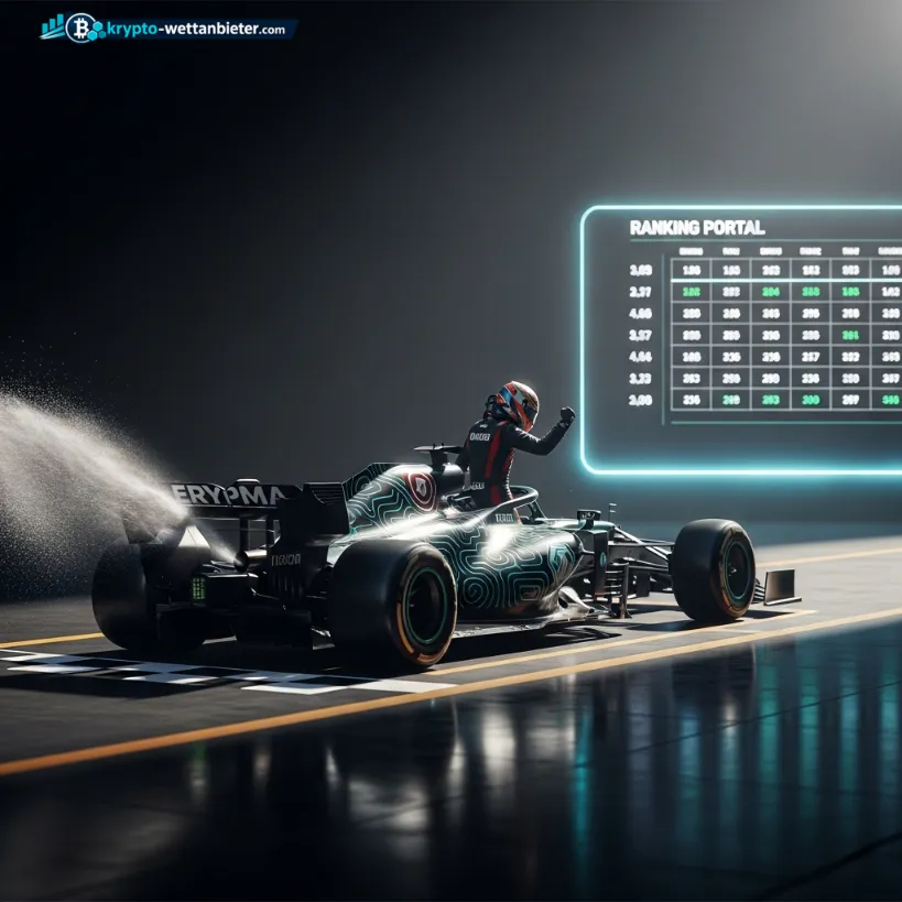 Ein holografisches Ranking-Portal neben einem feiernden Fahrer, das die Vielfalt der Krypto-Wettmärkte für die WM 2026 symbolisiert.
