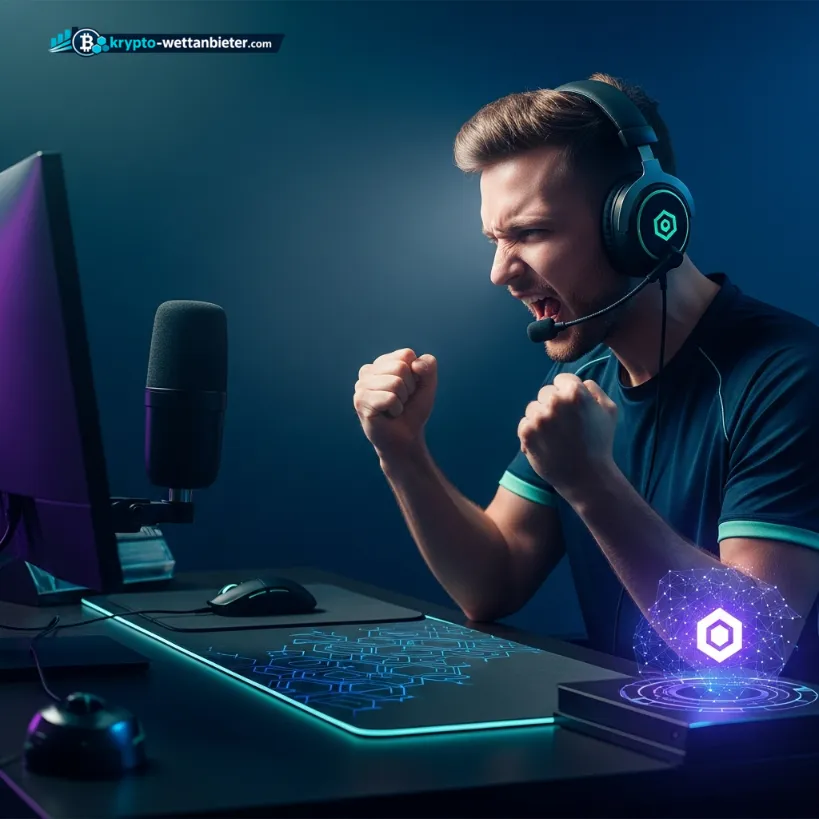 Ein erfolgreicher Online-Wett-Experte jubelt vor seinem Computer-Setup nach einer gewinnbringenden Krypto-Wette auf das Spiel Portugal gegen Usbekistan.