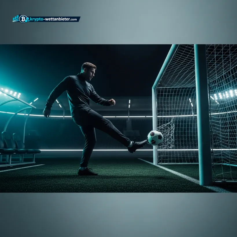 Ein Fußballspieler in einem modern beleuchteten Stadion schießt dynamisch einen Ball, was die Spannung der Weltmeisterschaft 2026 symbolisiert.